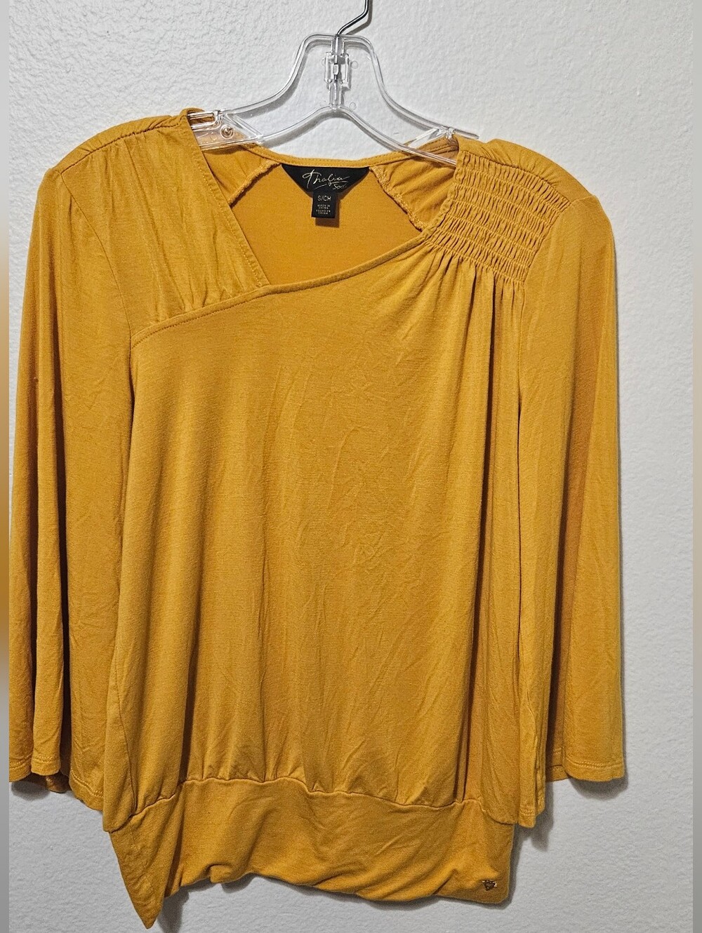 Thalia Sodi Mustard Long Sleeve Asymmetric Smocked Shoulder Top